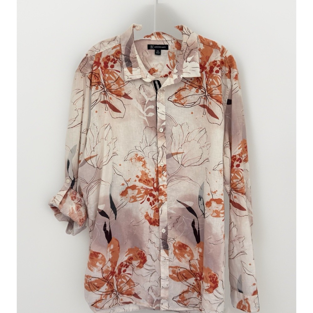 INC INTERNATIONAL Shirt Womens XXL White Linen Tropical Vacation Hawaii Beach